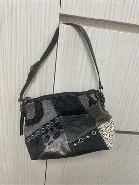 Coach Patchwork Shoulder Bag in Black, Gray, and Cream